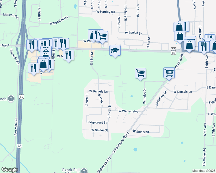 map of restaurants, bars, coffee shops, grocery stores, and more near 1437 West Rainey Street in Ozark