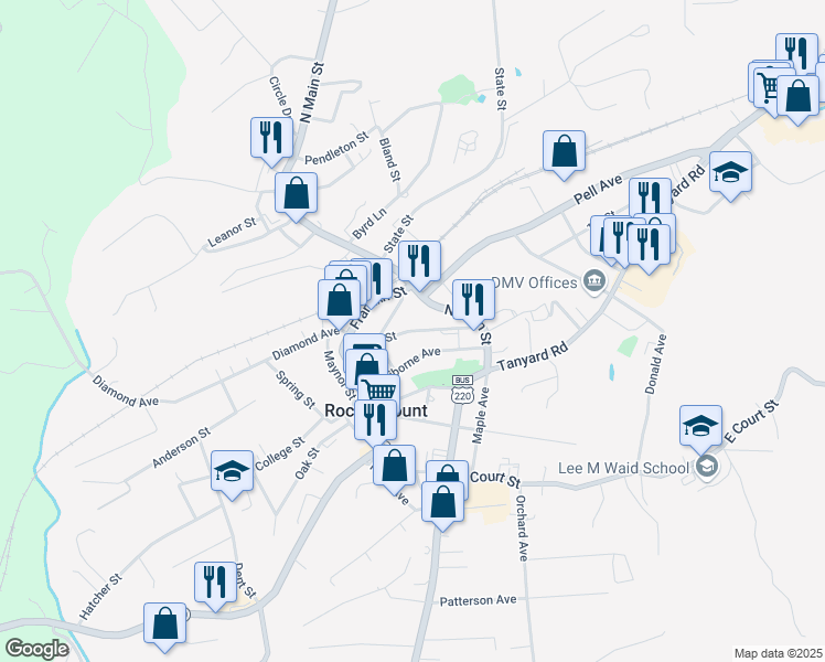 map of restaurants, bars, coffee shops, grocery stores, and more near High Street in Rocky Mount