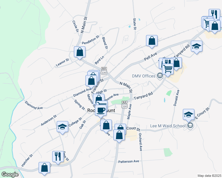 map of restaurants, bars, coffee shops, grocery stores, and more near High Street in Rocky Mount