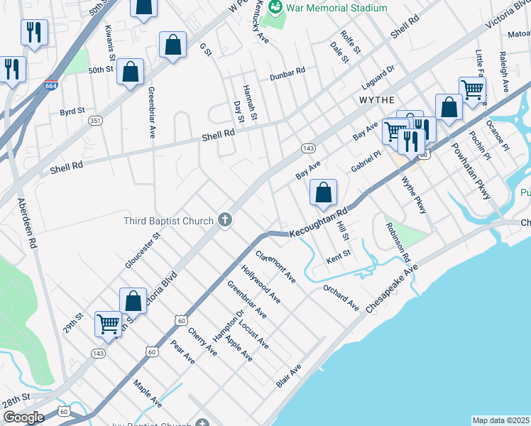 map of restaurants, bars, coffee shops, grocery stores, and more near 327 Pennsylvania Avenue in Hampton