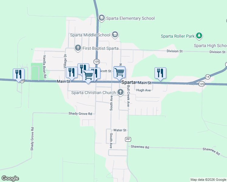 map of restaurants, bars, coffee shops, grocery stores, and more near 127-211 South Ave in Sparta