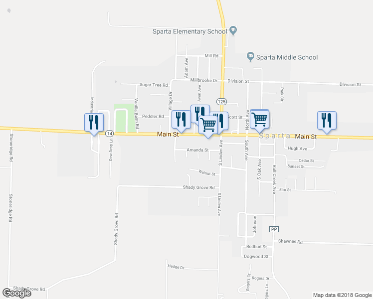 map of restaurants, bars, coffee shops, grocery stores, and more near 269 Amanda Street in Sparta