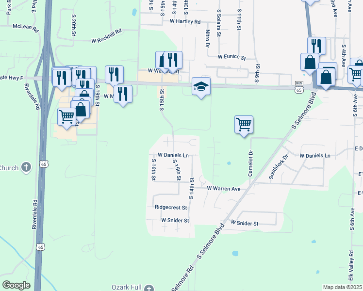 map of restaurants, bars, coffee shops, grocery stores, and more near 1437 West Rainey Street in Ozark