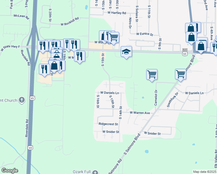 map of restaurants, bars, coffee shops, grocery stores, and more near 1505 West Rainey Street in Ozark
