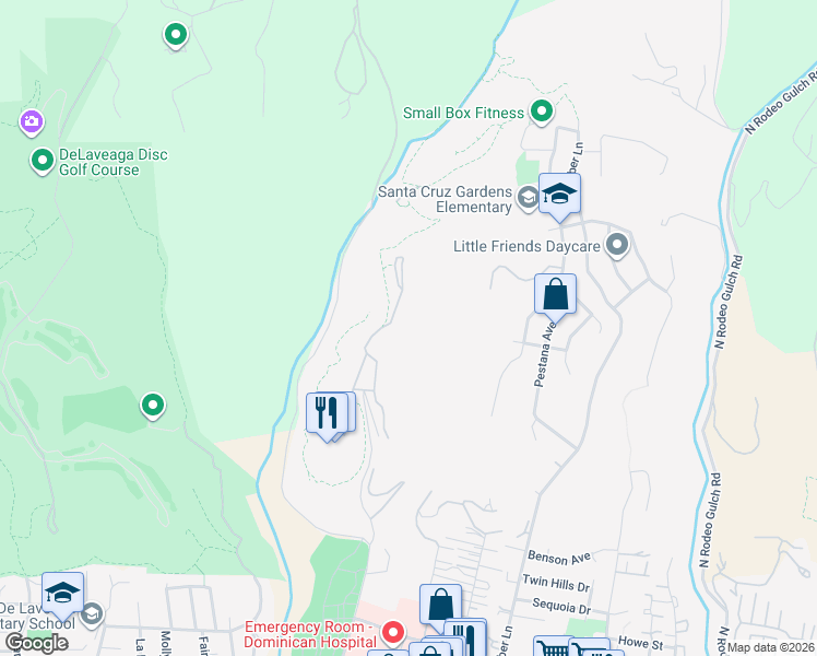 map of restaurants, bars, coffee shops, grocery stores, and more near 3554 Paul Sweet Road in Santa Cruz