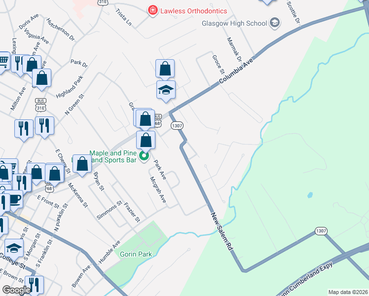 map of restaurants, bars, coffee shops, grocery stores, and more near 301 New Salem Road in Glasgow
