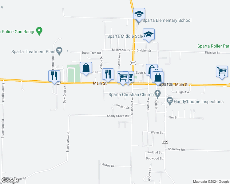 map of restaurants, bars, coffee shops, grocery stores, and more near 241 Amanda Street in Sparta