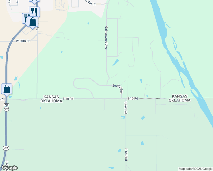 map of restaurants, bars, coffee shops, grocery stores, and more near 501 Southridge in Baxter Springs