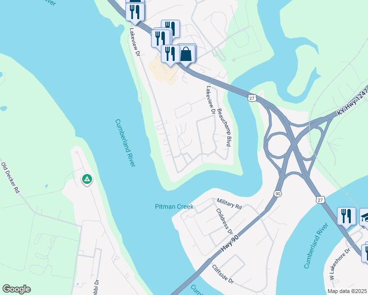 map of restaurants, bars, coffee shops, grocery stores, and more near Lookout Cottage Drive in Pulaski County