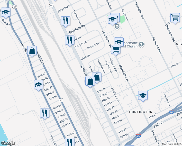 map of restaurants, bars, coffee shops, grocery stores, and more near 5600 Jefferson Avenue in Newport News