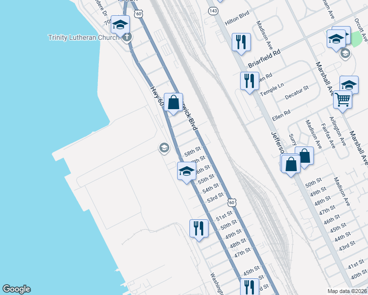 map of restaurants, bars, coffee shops, grocery stores, and more near 5900 Huntington Avenue in Newport News