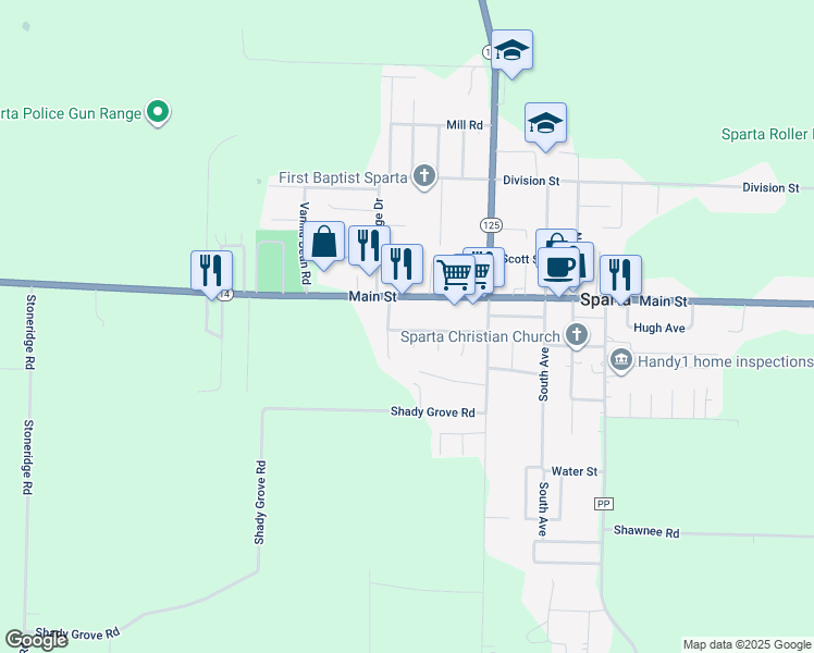 map of restaurants, bars, coffee shops, grocery stores, and more near 309 Amanda Street in Sparta