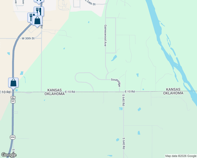 map of restaurants, bars, coffee shops, grocery stores, and more near Southridge in Baxter Springs