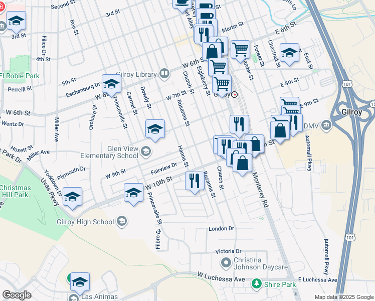 map of restaurants, bars, coffee shops, grocery stores, and more near 350 West 9th Street in Gilroy