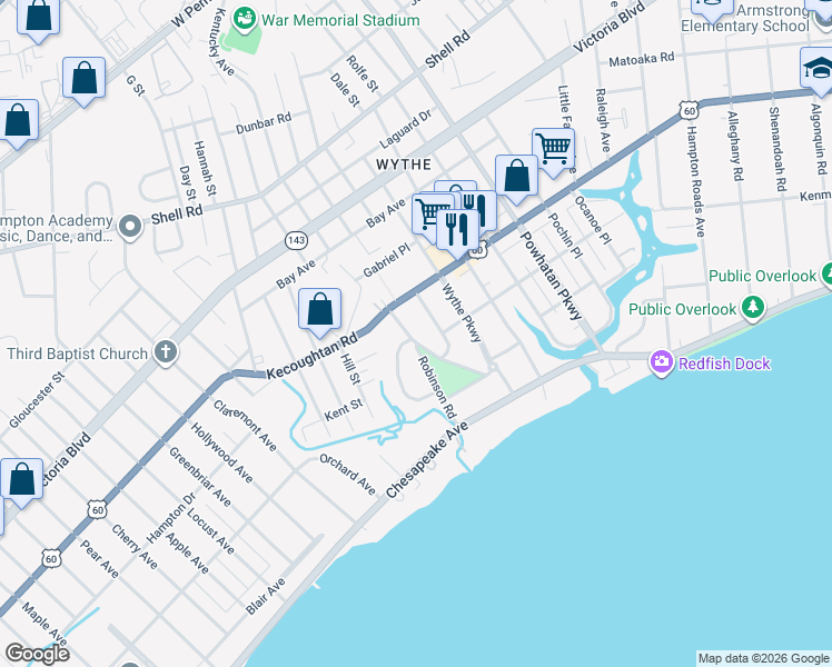 map of restaurants, bars, coffee shops, grocery stores, and more near 137 Chancellor Road in Hampton