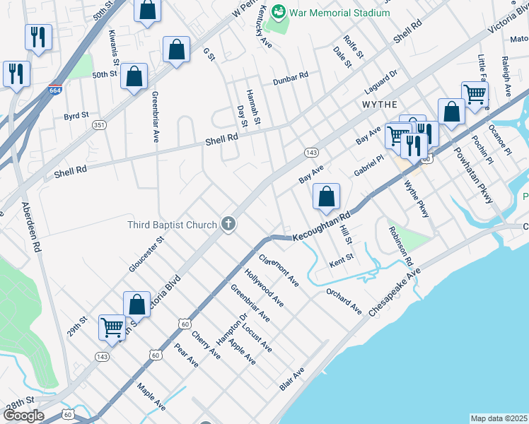 map of restaurants, bars, coffee shops, grocery stores, and more near 329 Wakefield Avenue in Hampton