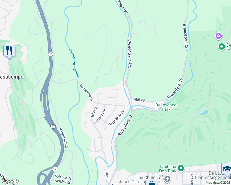 map of restaurants, bars, coffee shops, grocery stores, and more near 405 Esmeralda Drive in Santa Cruz