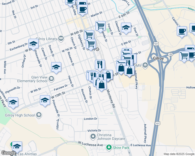 map of restaurants, bars, coffee shops, grocery stores, and more near in Gilroy