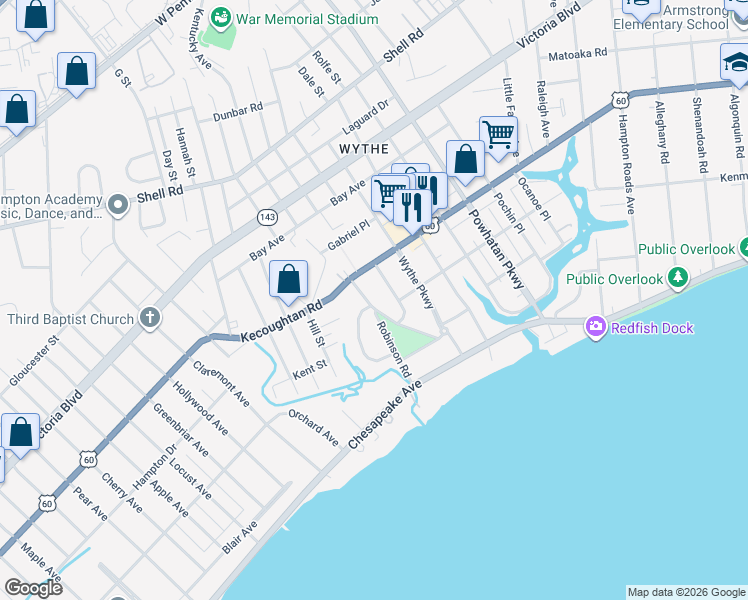 map of restaurants, bars, coffee shops, grocery stores, and more near 137 Chancellor Road in Hampton