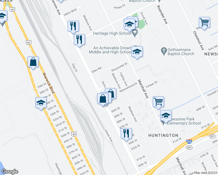 map of restaurants, bars, coffee shops, grocery stores, and more near 5411 York Circle in Newport News