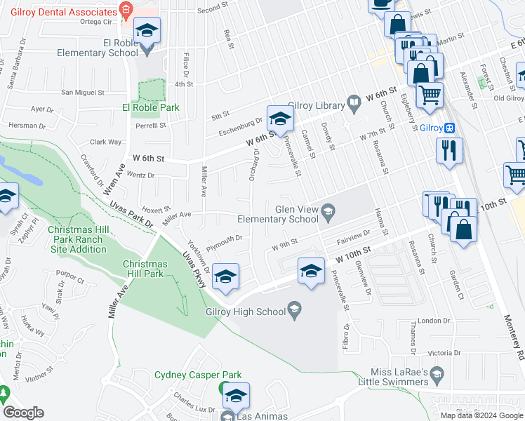 map of restaurants, bars, coffee shops, grocery stores, and more near 7215 Princeton Place in Gilroy