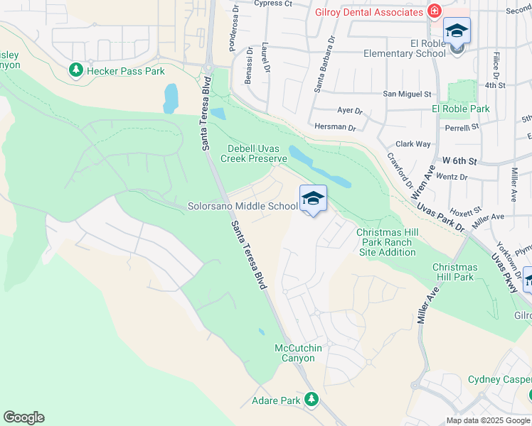 map of restaurants, bars, coffee shops, grocery stores, and more near 1595 Santiago Court in Gilroy