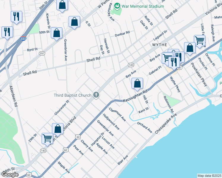map of restaurants, bars, coffee shops, grocery stores, and more near 329 Wakefield Avenue in Hampton