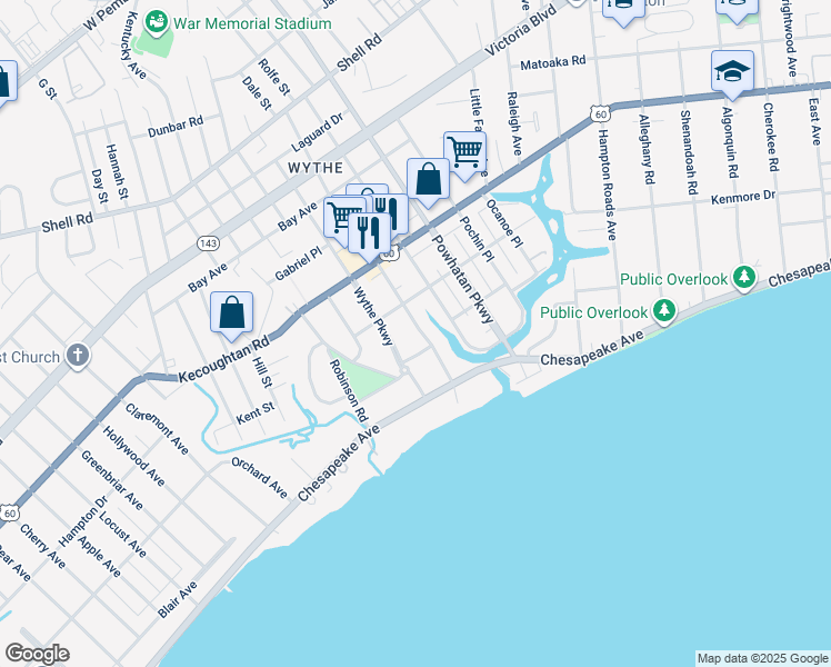 map of restaurants, bars, coffee shops, grocery stores, and more near 121 Chesterfield Road in Hampton