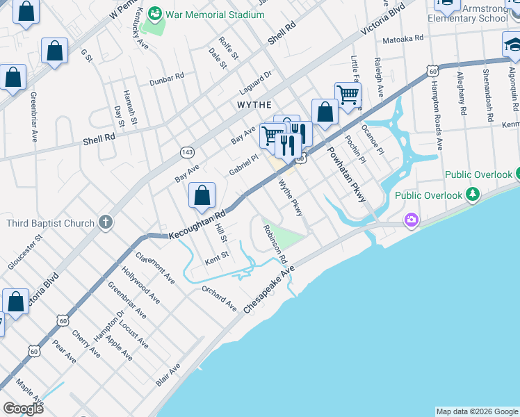 map of restaurants, bars, coffee shops, grocery stores, and more near 137 Chancellor Road in Hampton