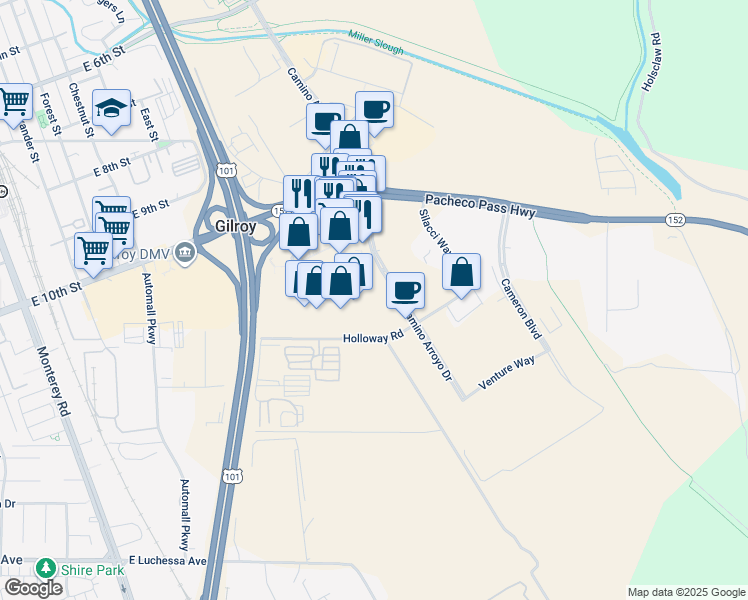 map of restaurants, bars, coffee shops, grocery stores, and more near 6765 Camino Arroyo in Gilroy