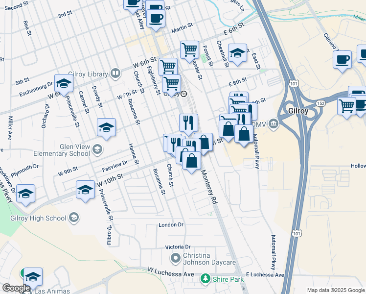 map of restaurants, bars, coffee shops, grocery stores, and more near 7020 Eigleberry Street in Gilroy