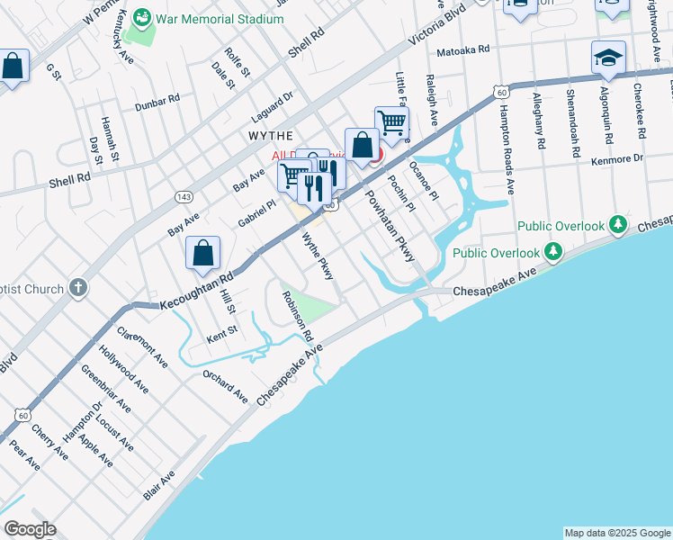 map of restaurants, bars, coffee shops, grocery stores, and more near 124 Wythe Parkway in Hampton