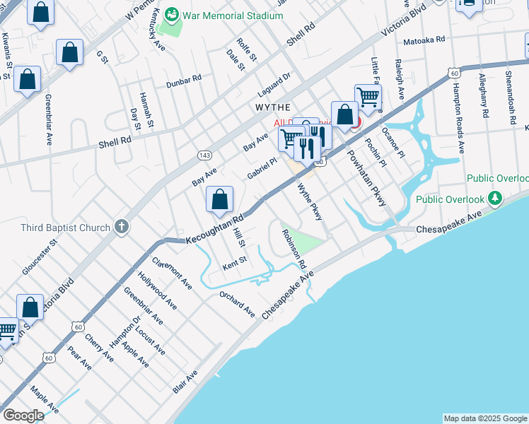 map of restaurants, bars, coffee shops, grocery stores, and more near 147 Robinson Road in Hampton
