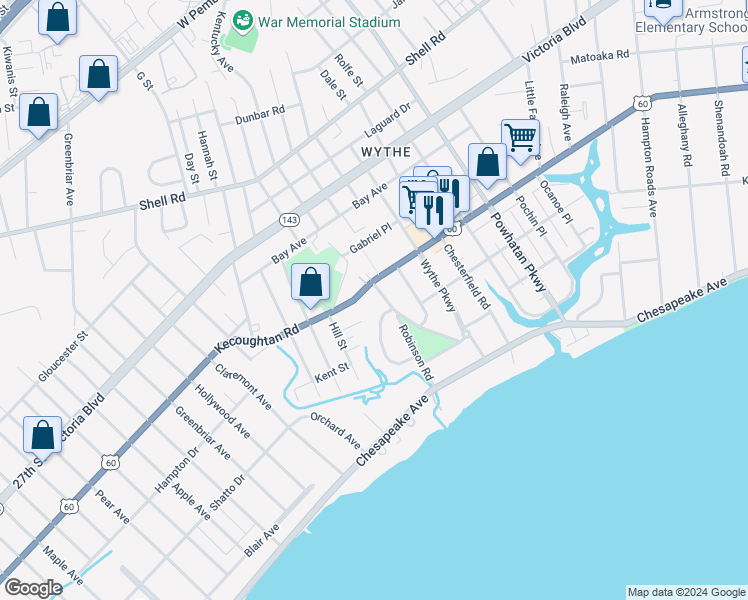 map of restaurants, bars, coffee shops, grocery stores, and more near 147 Robinson Road in Hampton