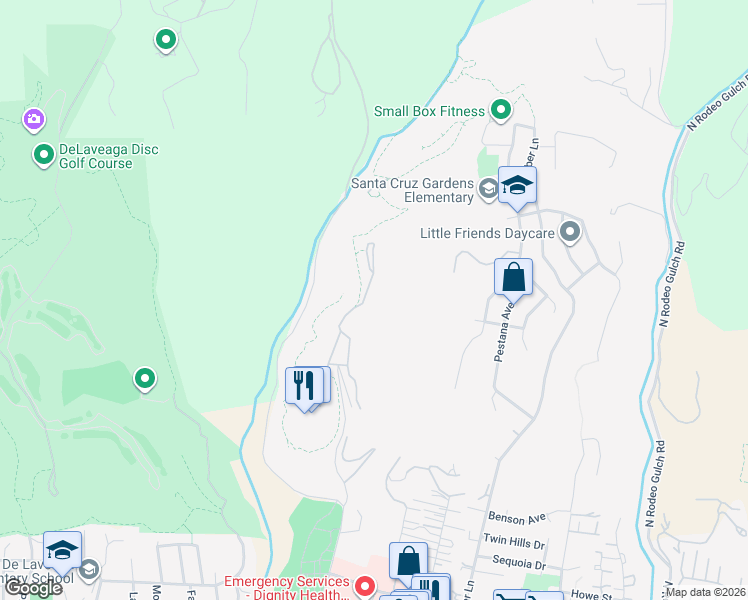 map of restaurants, bars, coffee shops, grocery stores, and more near 3552 Paul Sweet Road in Santa Cruz