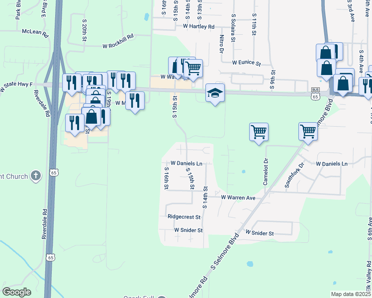 map of restaurants, bars, coffee shops, grocery stores, and more near 1505 West Rainey Street in Ozark