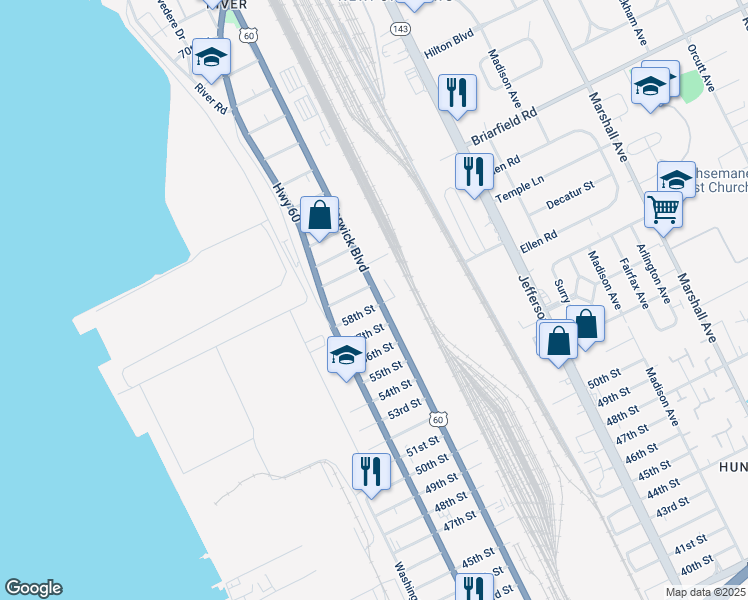 map of restaurants, bars, coffee shops, grocery stores, and more near 343 58th Street in Newport News