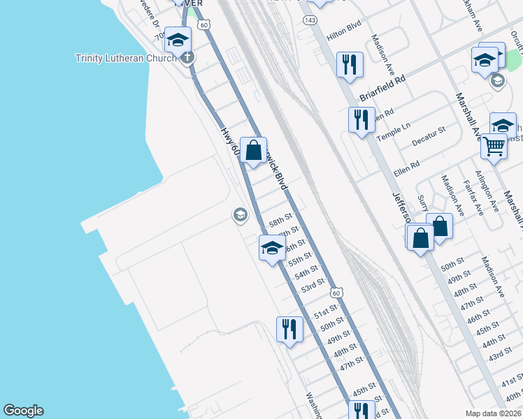 map of restaurants, bars, coffee shops, grocery stores, and more near 5900 Huntington Avenue in Newport News