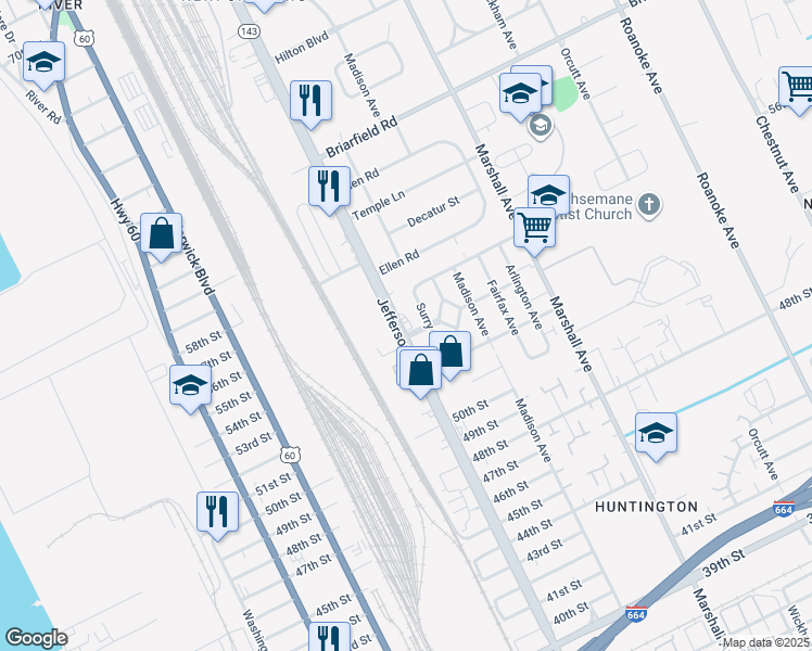 map of restaurants, bars, coffee shops, grocery stores, and more near 5600 Jefferson Avenue in Newport News