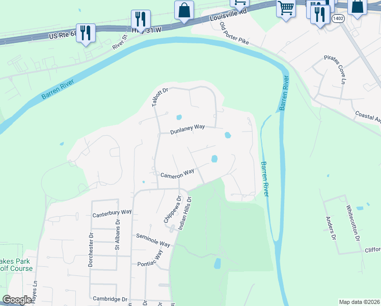 map of restaurants, bars, coffee shops, grocery stores, and more near 1712 Vinewood Drive in Bowling Green