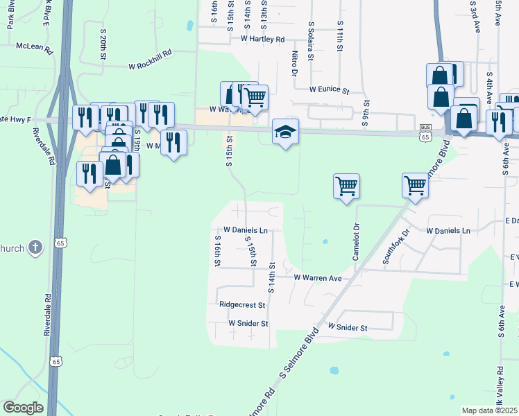 map of restaurants, bars, coffee shops, grocery stores, and more near 1437 West Rainey Street in Ozark