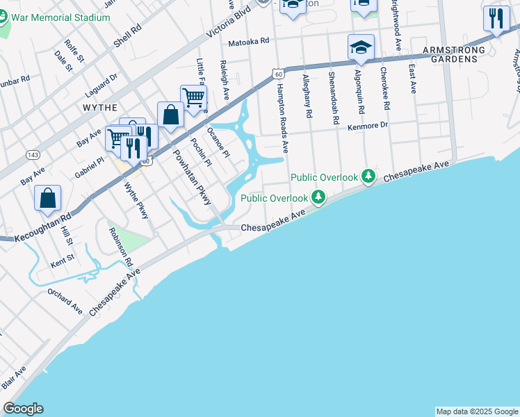 map of restaurants, bars, coffee shops, grocery stores, and more near 25 Manteo Avenue in Hampton