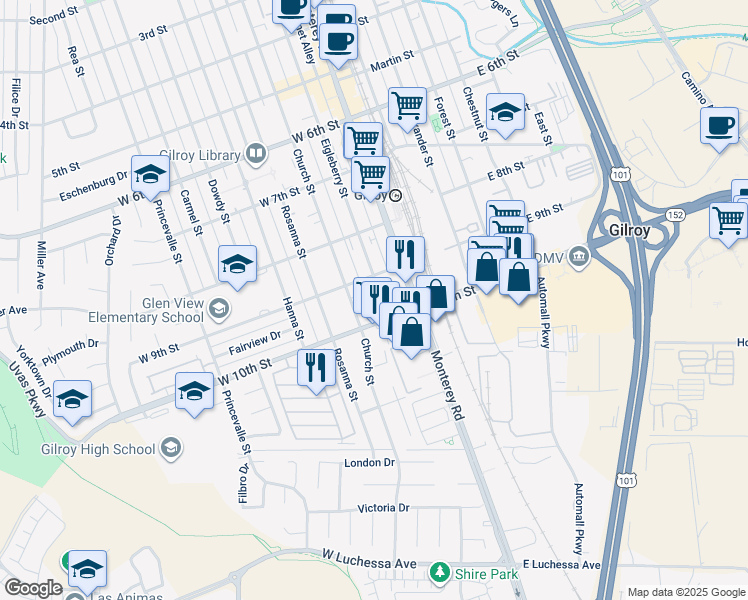 map of restaurants, bars, coffee shops, grocery stores, and more near 7051 Eigleberry Street in Gilroy