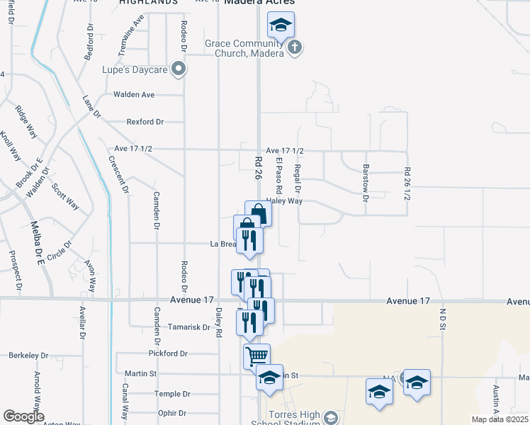 map of restaurants, bars, coffee shops, grocery stores, and more near 17278 El Paso Road in Madera