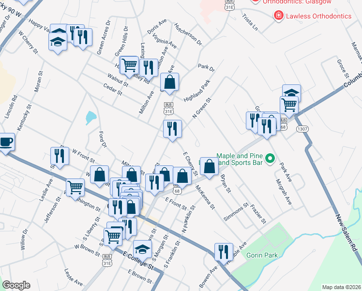 map of restaurants, bars, coffee shops, grocery stores, and more near 104-212 East Cherry Street in Glasgow