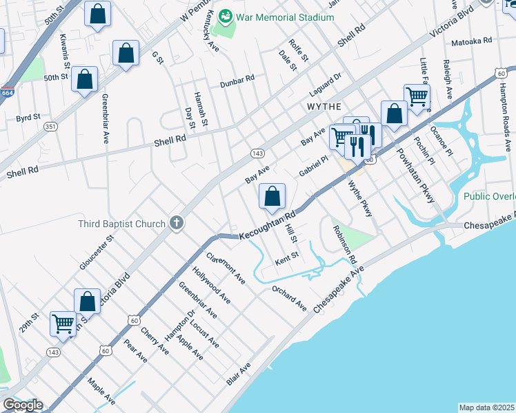 map of restaurants, bars, coffee shops, grocery stores, and more near 227 Piedmont Avenue in Hampton