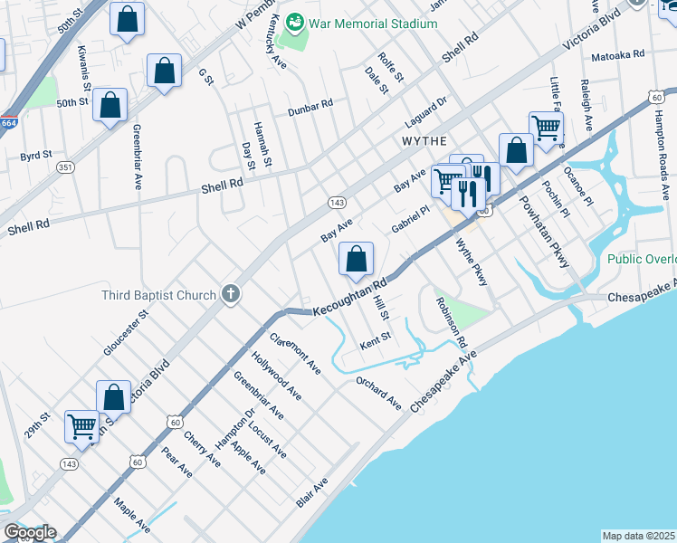 map of restaurants, bars, coffee shops, grocery stores, and more near 227 Piedmont Avenue in Hampton