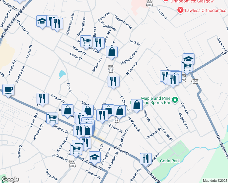 map of restaurants, bars, coffee shops, grocery stores, and more near 104 East Cherry Street in Glasgow