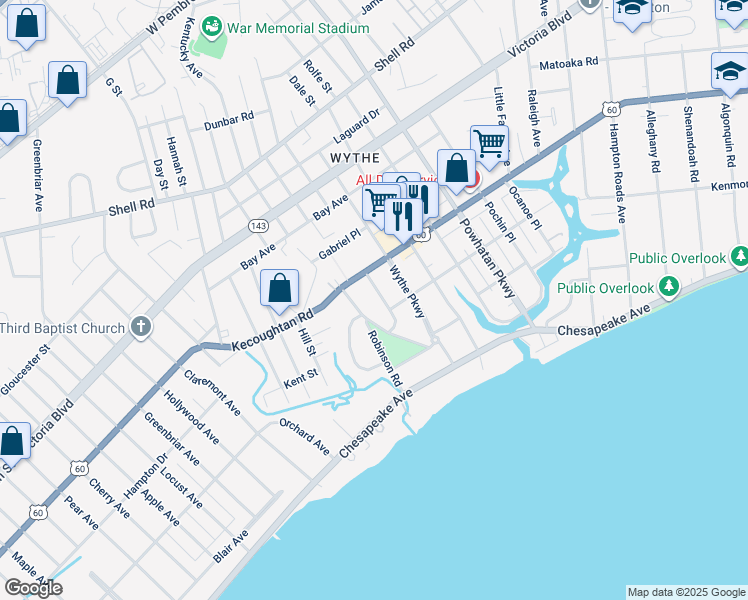 map of restaurants, bars, coffee shops, grocery stores, and more near 141 Chancellor Road in Hampton