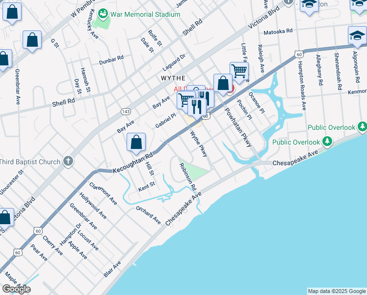 map of restaurants, bars, coffee shops, grocery stores, and more near 141 Chancellor Road in Hampton